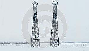 Two Shukhov towers at Strelka in Nizhny Novgorod. On the banks of the Volga and Oka rivers