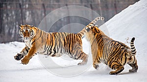 Two Siberian tigers play with each other in a snowy glade. China. Harbin. Mudanjiang province. Hengdaohezi park.