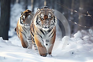 Two Siberian tigers walking together