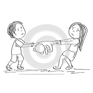 Two siblings brother and sister or friends fighting, pulling teddy bear toy, boy is angry and girl is tearful