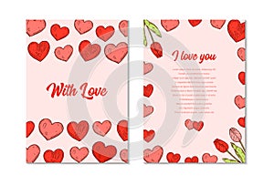 Two side Valentines day vertical greeting card with hand drawn elements. Vector illustration