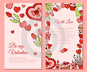 Two side Valentines day vertical greeting card with hand drawn elements. Vector illustration