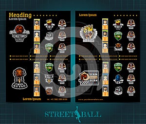 Two sided basketball brochure or flyer, streetball competition template design with logos teams and winners . Mock-up cover vector