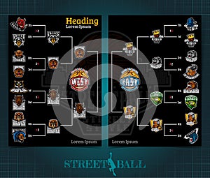 Two sided basketball brochure or flyer, streetball playoff template design with bracket tournament. Mock-up cover vector photo