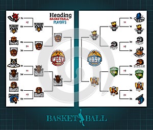 Two sided basketball brochure or flyer, streetball playoff template design with bracket tournament on white. Mock-up cover vector photo