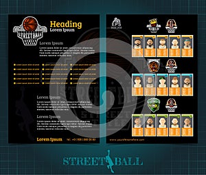 Two sided basketball brochure or flyer, streetball template design with teams players and logo . Mock-up cover vector