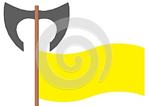 A two sided battle axe with light brown shaft handle and dark grey blades flying a yellow blank flag