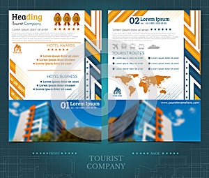 Two sided brochure or flayer template with blurred color photo of building. Mock-up cover in blue yellow abstarct vector modern st