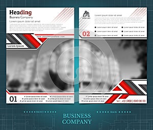 Two sided brochure or flayer template design with blurred color photo of buildings. Mock-up cover in black and red abstarct vector