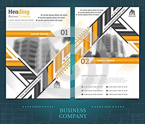 Two sided brochure or flayer template design with blurred photo of buildings. Mock-up cover in black and yellow vector modern styl