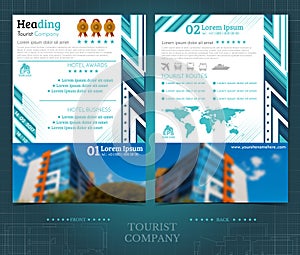 Two sided brochure or flayer template design with buildings blurred color photo. Mock-up cover in blue abstarct vector modern styl