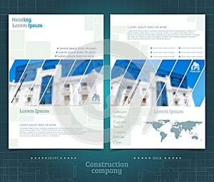 Two sided brochure or flayer template design with exterior building blurred color photo. Mock-up cover in blue vector modern style