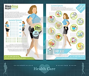 Two sided brochure or flayer template design with girl loss weight and health care. Mock-up cover