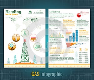 Two sided business brochure or flyer, gas rig or oil derrik and information. Vector modern flat style