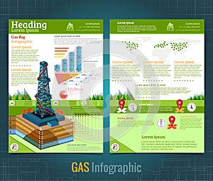 Two sided business brochure or flyer, gas rig or oil derrik on landscape with information. Vector modern flat style