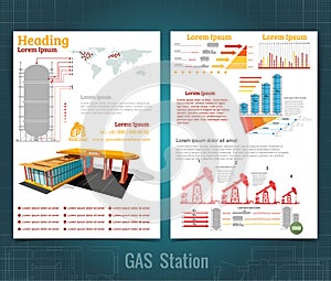 Two sided business brochure or flyer, gas station infographic realistic gas station with abstract diagrams