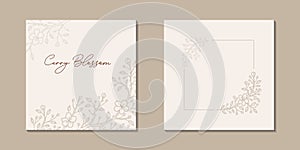 Two sides certificate, greeting card, invitation. Floral social media post template set. Sakura blossom golden pastel background.