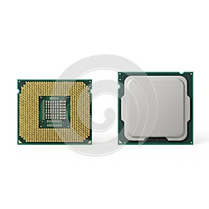 Two Sides of a Computer CPU Processor Chip on White Background microchip