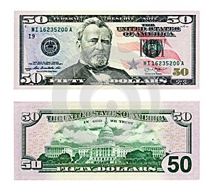 Two sides of a fifty dollar banknote isolated on a white