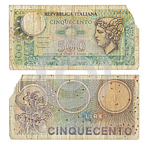Discontinued Italian 500 Lire Money Note photo