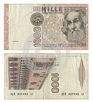 Discontinued Italian 1000 Lire Money Note photo