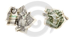 Two sides of one crumpled dollar isolated