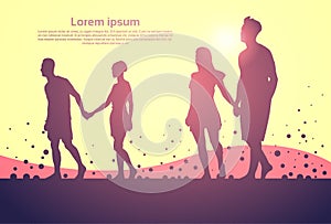 Two Silhouette Couple Man And Woman Walk Holding Hands Full Length Over Abstract Background