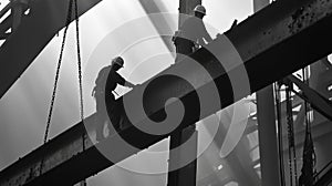 Two Silhouetted Construction Workers on a Steel Beam