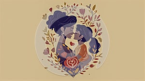 Two Silhouetted Figures Share A Kiss Enclosed In Heart-Shaped Wreath Of Autumnal Leaves And Flowers