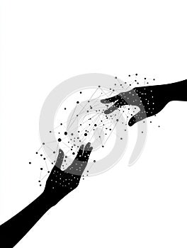 Hands reaching out to connect through lines and dots in a digital representation of communication and collaboration