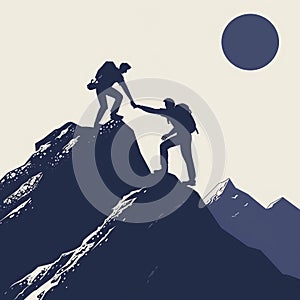 Two silhouettes climbing a mountain and aiding each other in reaching the peak, symbolizing the idea of help and assistance - AI