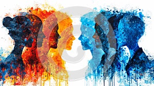 Two silhouettes of two people with different colored faces, AI