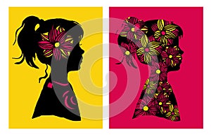 Two silhouttes of girl with flower pattern. Vector illustration. Design elements.