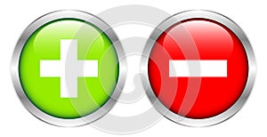 Two Silver Framed Buttons Plus And Minus Green And Red