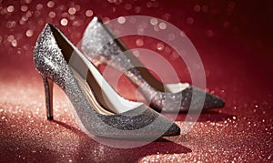 Two silver high heels with glitter on them
