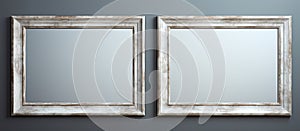 Two silver rectangle picture frames hang on a gray wall