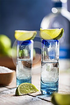 Two Silver Tequila Shots with Lime and Salt