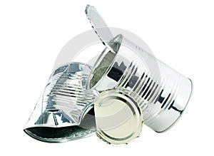 Two silver tin cans on a white background