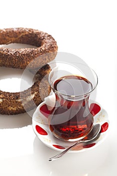 Two simit and tea with two sugar