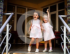 Two sisters baby girls in the same dresses, holding hands.