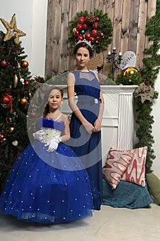 Two sisters at the Christmas tree