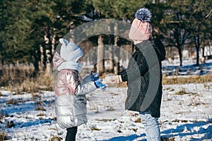Two sisters of different ages on a winter walk in a snowy park
