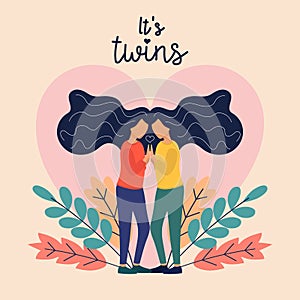 Two Sisters. flat vector illustrations of two happy twins loving and supporting each other. Family, sisterhood, twins