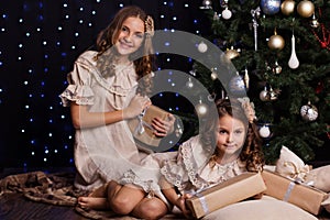 Two sisters with gifts near christmas tree