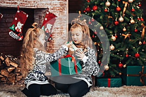 Two sisters holding a box with a gift in a green package. Christmas mood. In the background there is a decorated Christmas tree