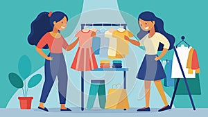 Two sisters hunt through racks of clothing at a flea market each trying to outdo the other with their bargain finds photo