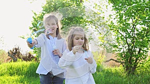 Two sisters little girls inflate soap bubbles on a picnic