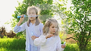 Two sisters little girls inflate soap bubbles on a picnic