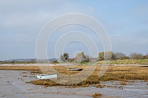 Two Skiff boat on grass. Two abandoned wooden dinghy rowboat beached on grass.