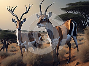 Two slender African antelope looking for pasture in a desert region